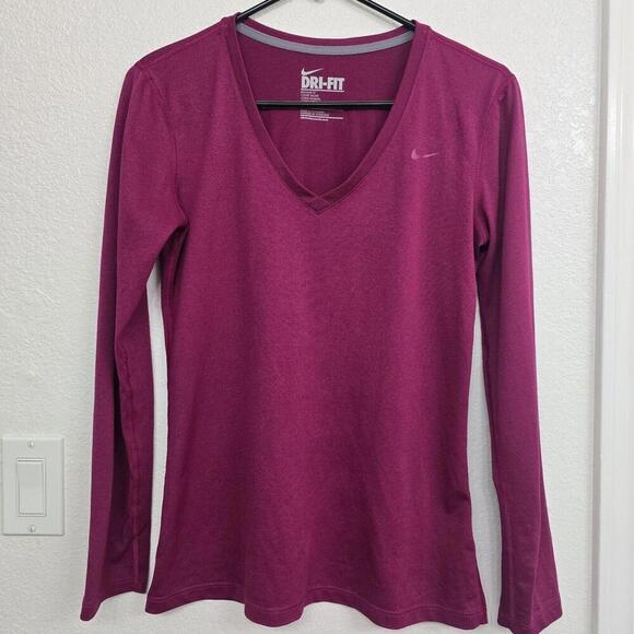 Nike Tops - Nike Dri Fit Long Sleeve Shirt Women's Small Magenta V-Neck Running Workout